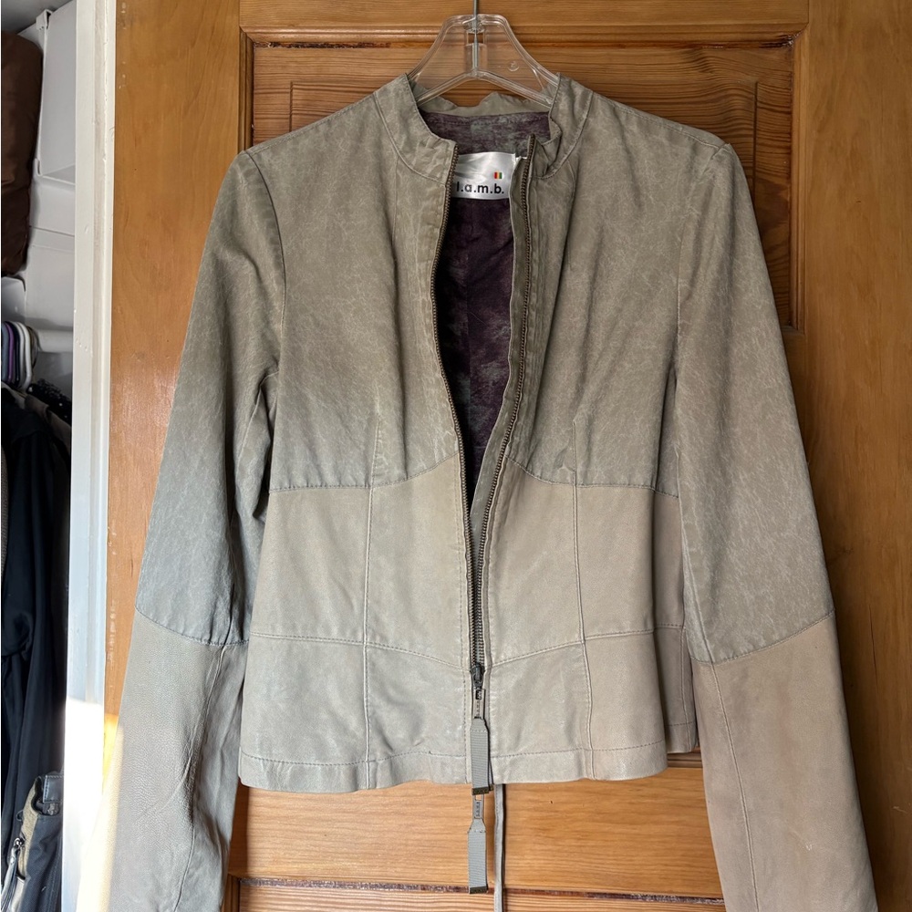 L.A.M.B. Women's Leather Jacket in Olive and Tan